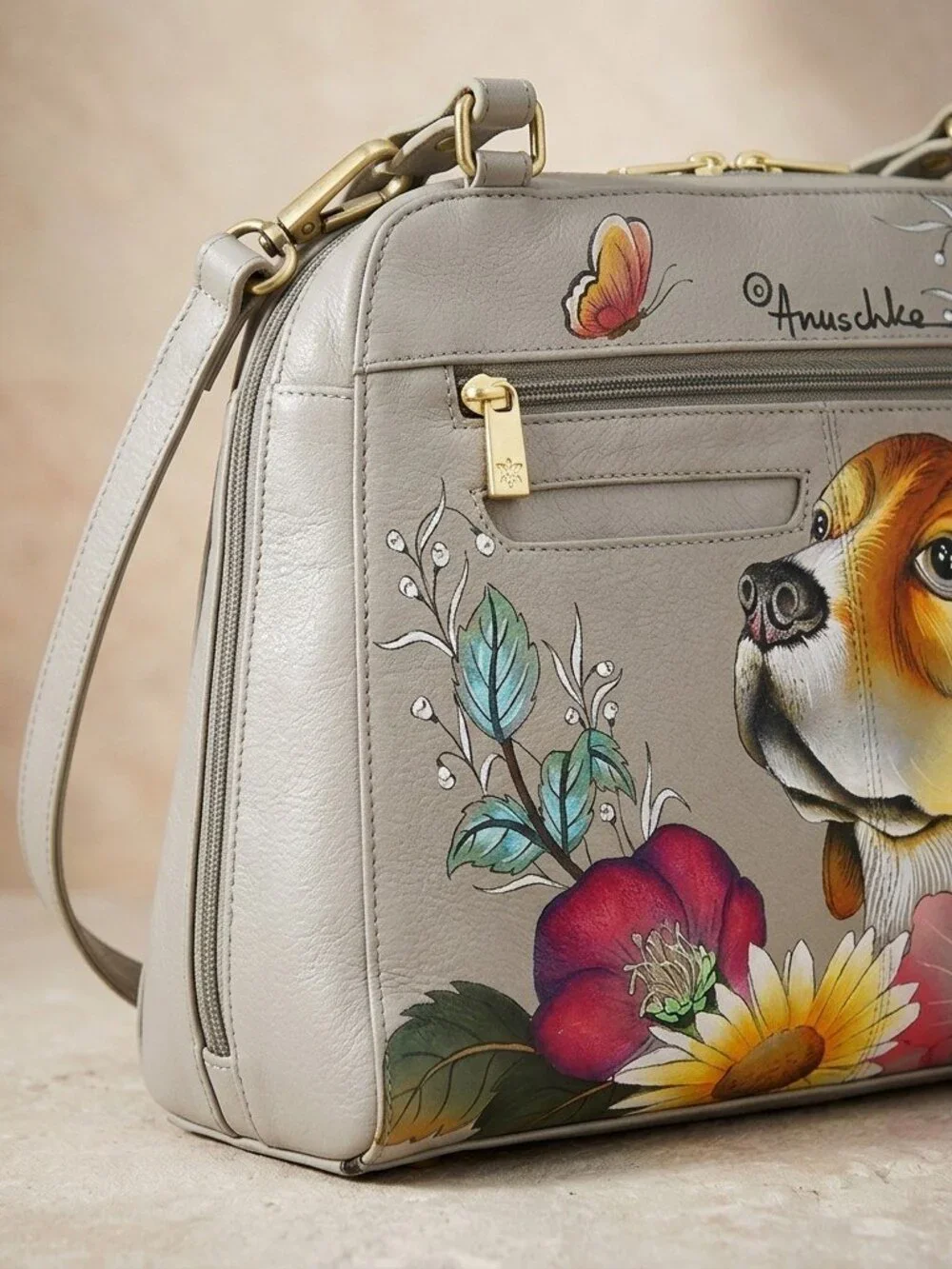 Anuschka Artisan Beagle Floral Satchel-7614